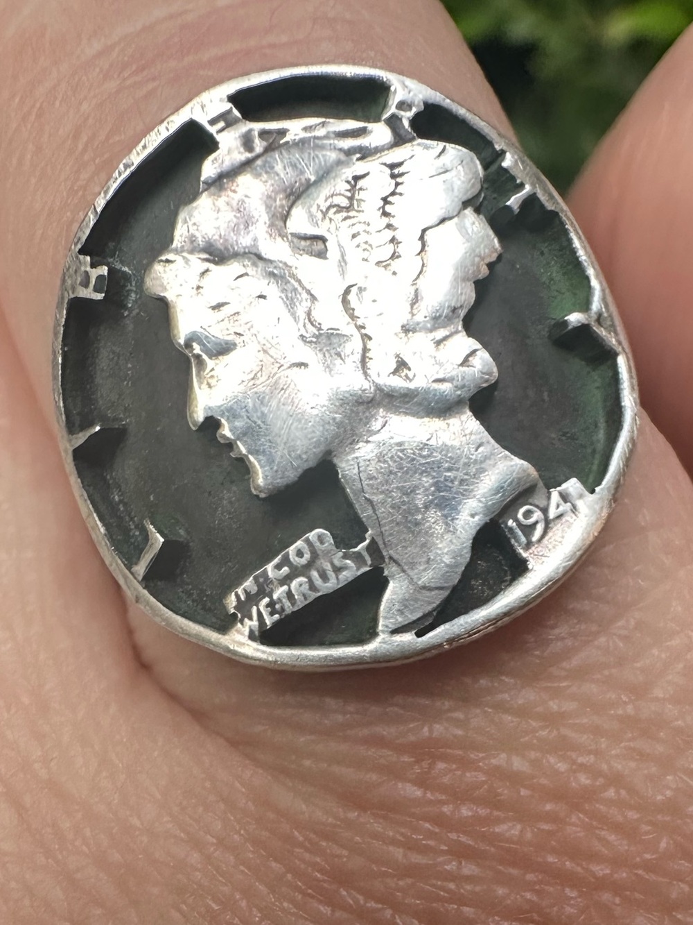 Mercury Dime Coin Ring - 925 Sterling Silver Band, size 7 3/4